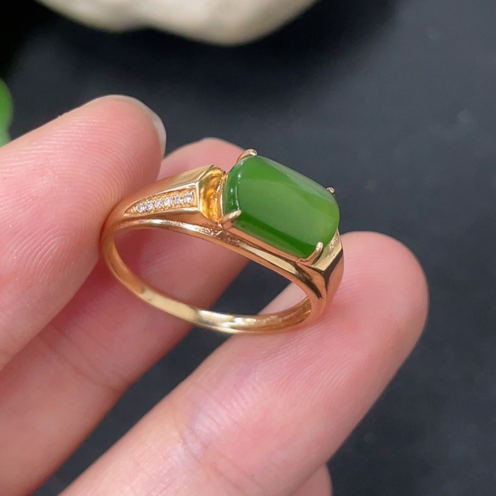 Hetian Jade Jasper ring with diamond accents in 18K gold, size 15, featuring a polished jade stone and detailed craftsmanship.