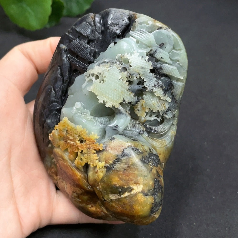 Hetian Jade Seed Material Handheld Piece - Landscape, Undetermined Skin Color Origin, Total Weight Approx. 432.2g