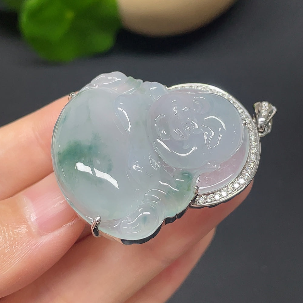 Jadeite Buddha Pendant Set in 18k Gold with Diamond Accents