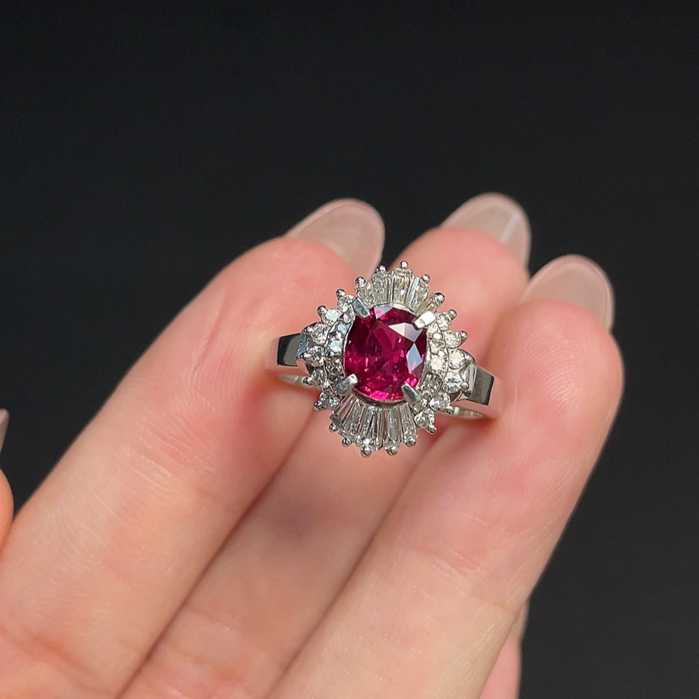 HKHQ Ruby Ring PT900 with diamond accents, size 14, showcasing a vibrant ruby gemstone and sparkling diamond details.