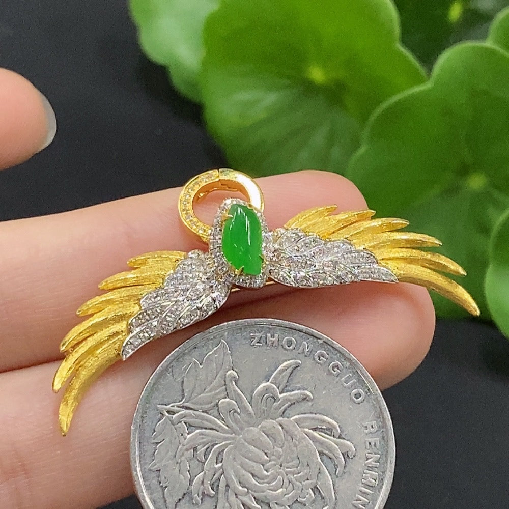 Jadeite Inlaid Brooch 18K Gold with Diamond Accent Total Weight Approx. 5.6g