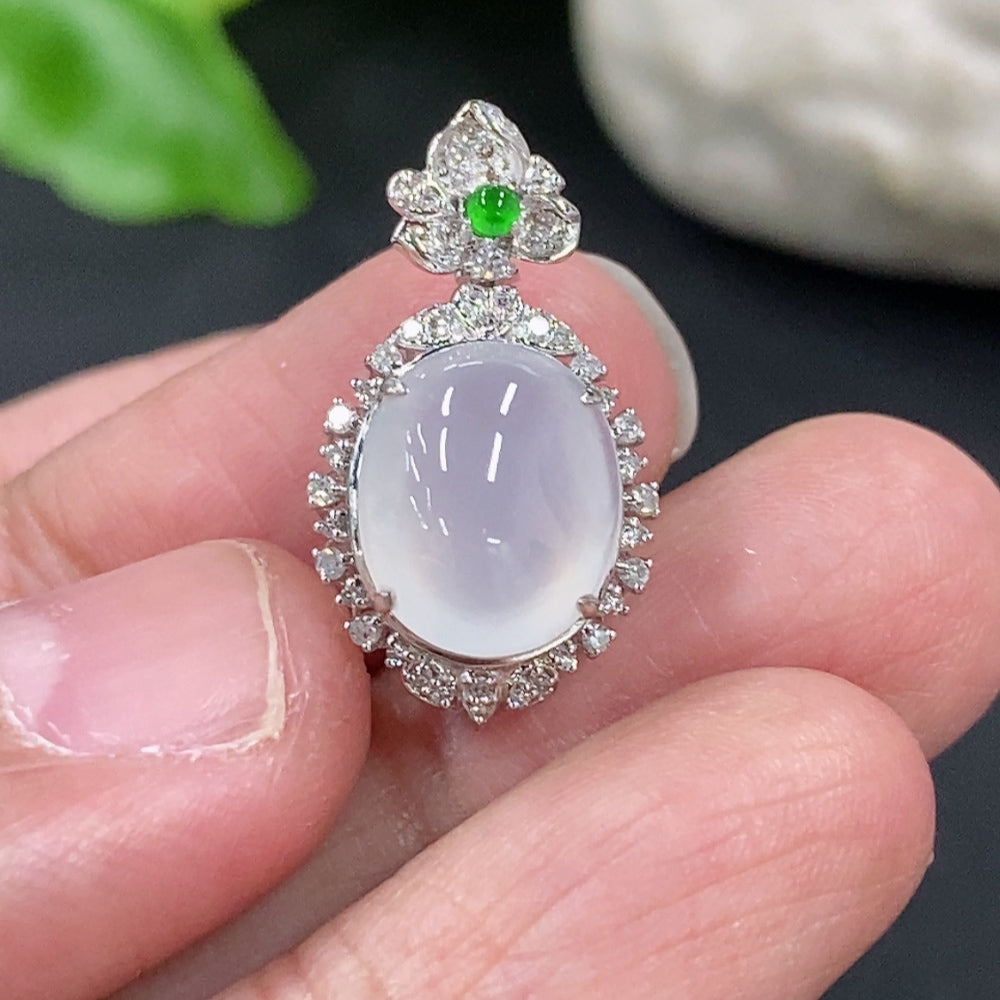Jadeite cabochon pendant with 18K gold setting and diamond accents, HKHQ jewelry, showcasing the smooth green gemstone and elegant design.