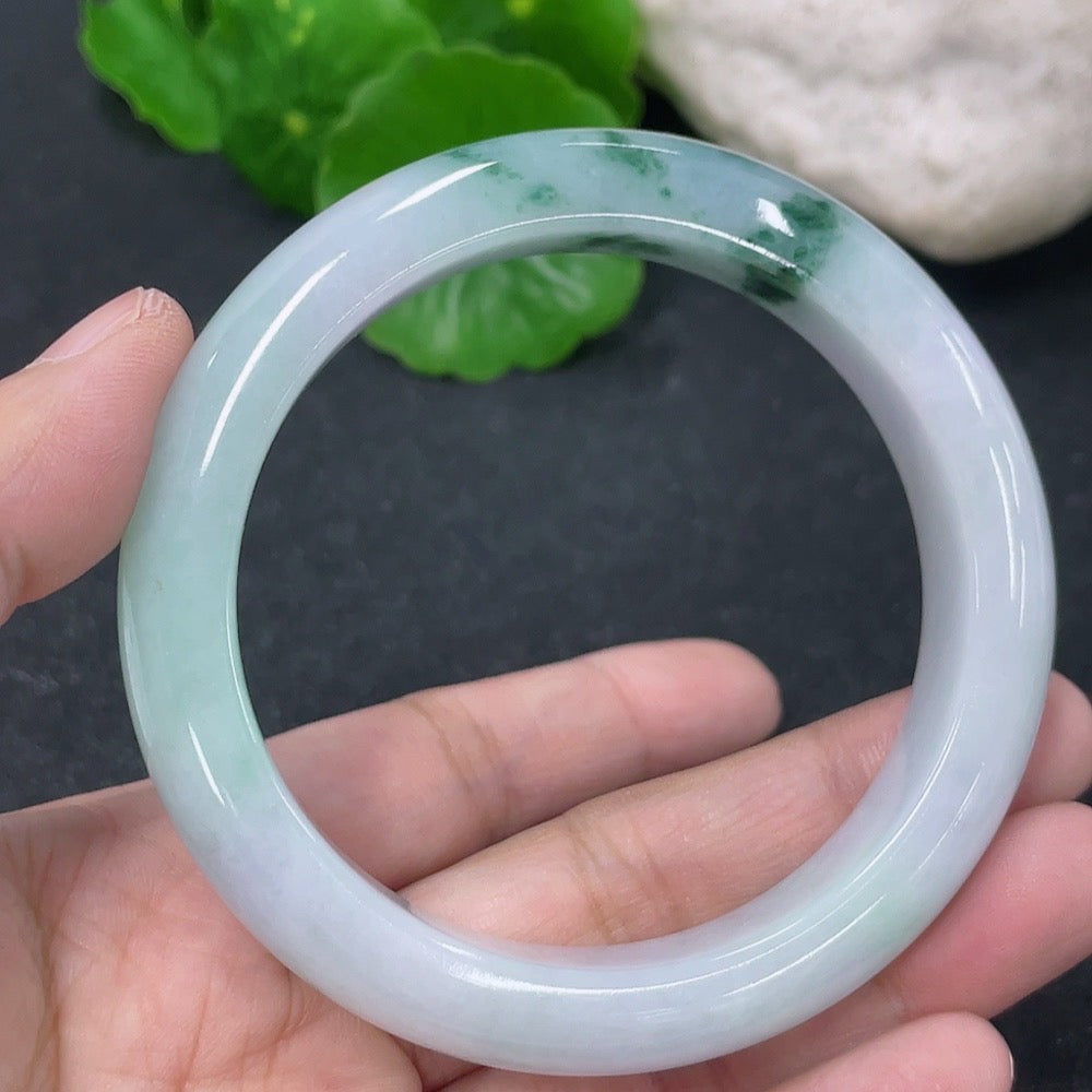 Jadeite round bangle, HKHQ brand, 54.5mm size with a total weight of 57.8g, showcasing smooth, polished jade surface.