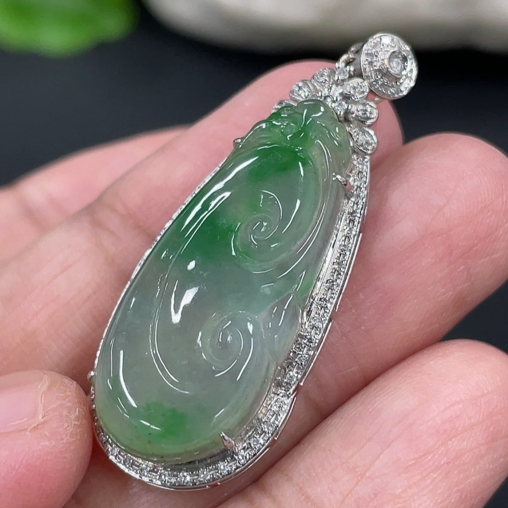 Jadeite Ruyi Inlaid Pendant 18K Gold (With Diamond Accents)