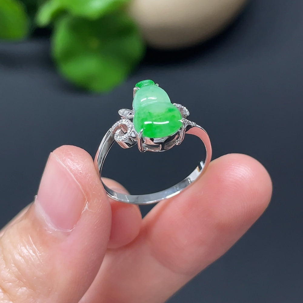 Jadeite gourd inlay ring with 18k gold and diamond accents, size 17, HKHQ jewelry, featuring green jade and detailed craftsmanship.