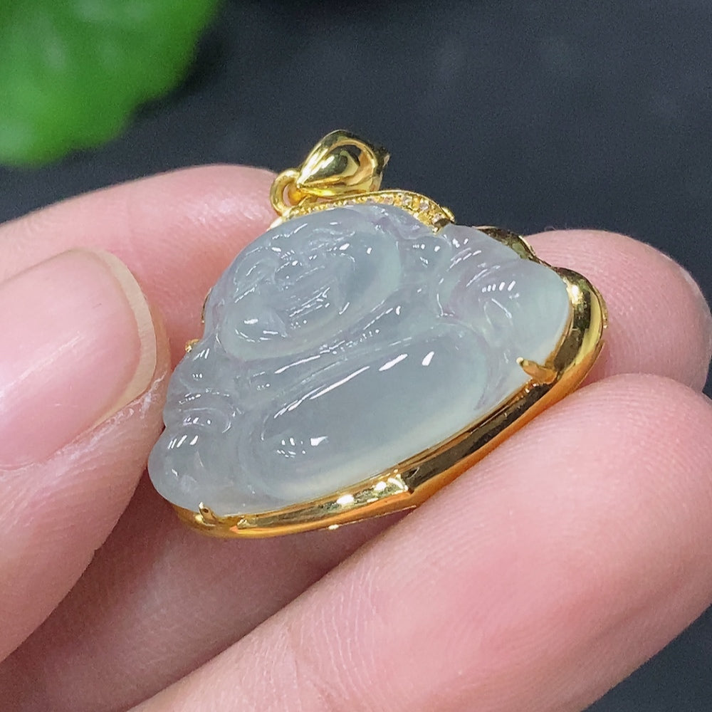 Jadeite Buddha Pendant with 18K Gold and Diamond Accents, Total Weight Approx. 2.8g