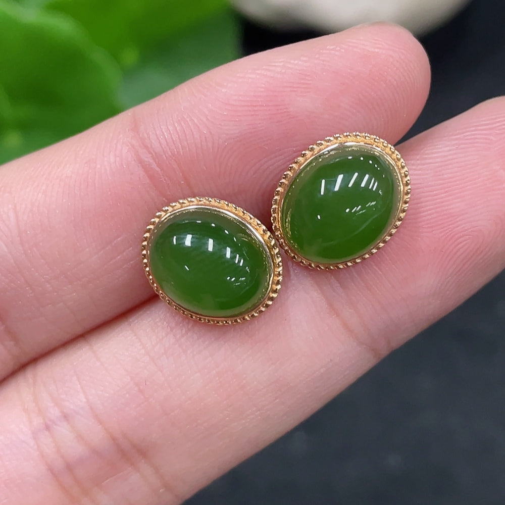 Hetian Jade Cabochon Earrings with 18k Gold Setting, Total Weight Approx. 2g