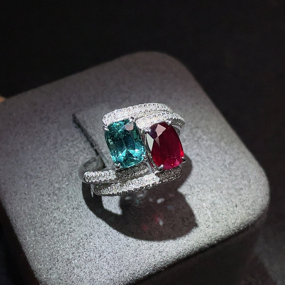 18K Tourmaline Ring + 18K Ruby Ring with Diamond Accents, Total Weight Approx. 4.81g, Size 13, Sell as a Lot, GILDER Certificate: Pigeon Blood, Tanzania (Longido Mine), No Heat, Vivid to Deep Red, 1.14ct