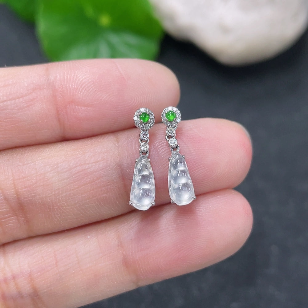 Jadeite lucky bean stud earrings with 18K gold setting and diamond accents, HKHQ jewelry, showing the detailed design and gold finish.