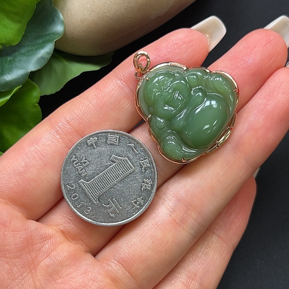 Hetian Jade Buddha Pendant with 18K Gold and Diamond Inlays