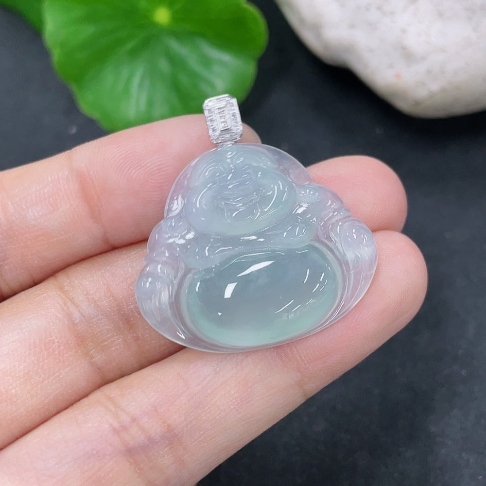 Jadeite Buddha pendant with 18K gold accents and diamond details, featuring a polished jade Buddha figure, weighing approximately 4.95g.