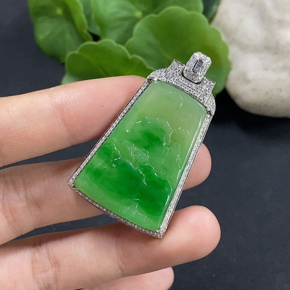 Jadeite Landscape Inlaid Pendant 18K Gold with Diamond Accents Total Weight Approx. 10.95g