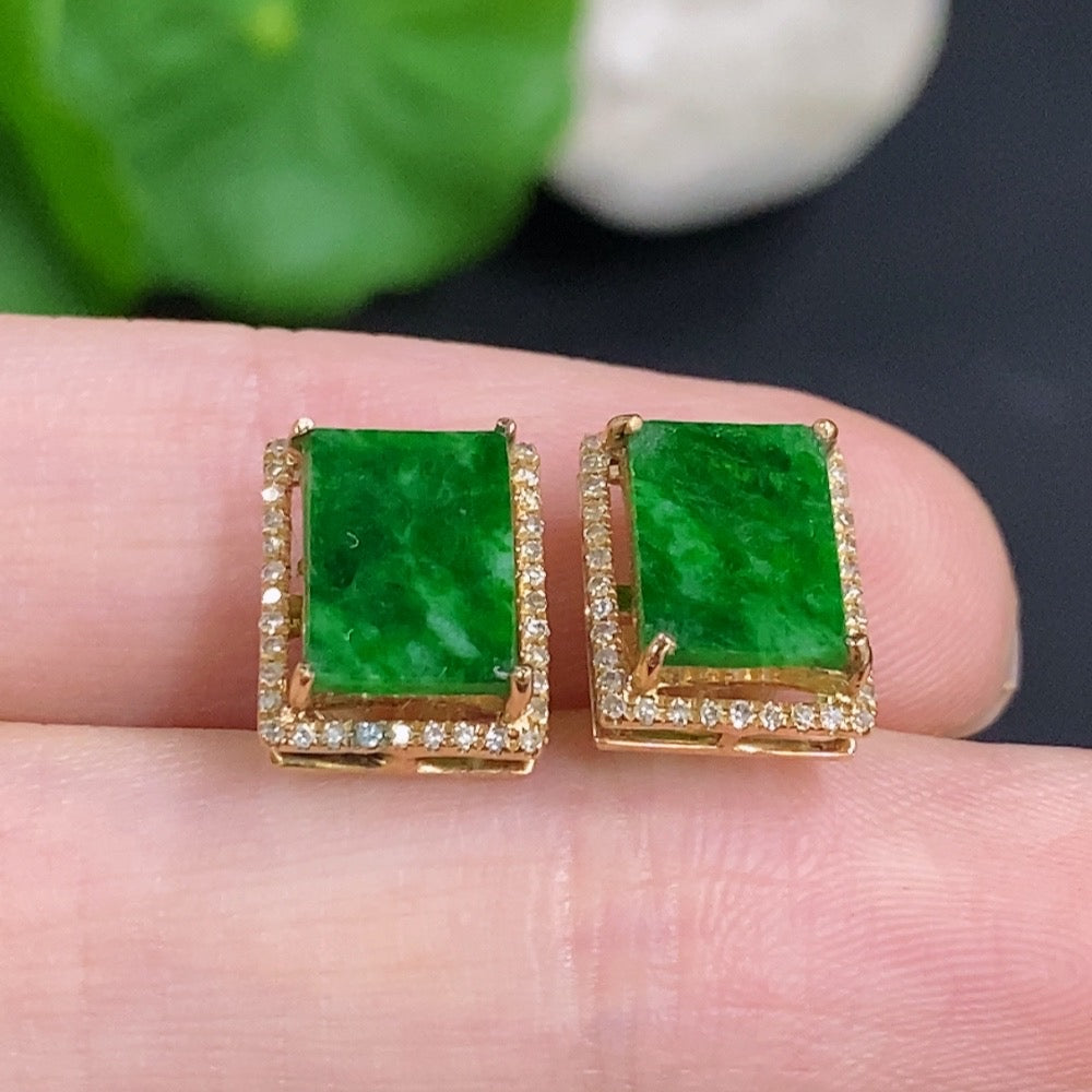 Jadeite ear studs with 18k gold and diamond accents, lightweight earrings with gold and gemstone details, approximately 2g total weight.
