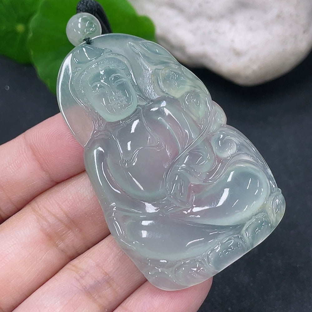 Jadeite Guanyin pendant necklace with rope, total weight 20.86g, featuring detailed carved figure, from HKHQ.