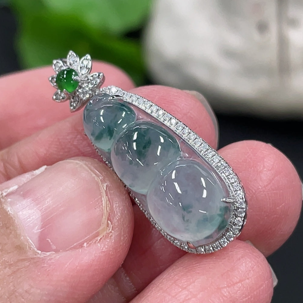Jadeite Lucky Bean Pendant with 18K Gold and Diamond Accents, Total Weight Approx. 2.67g