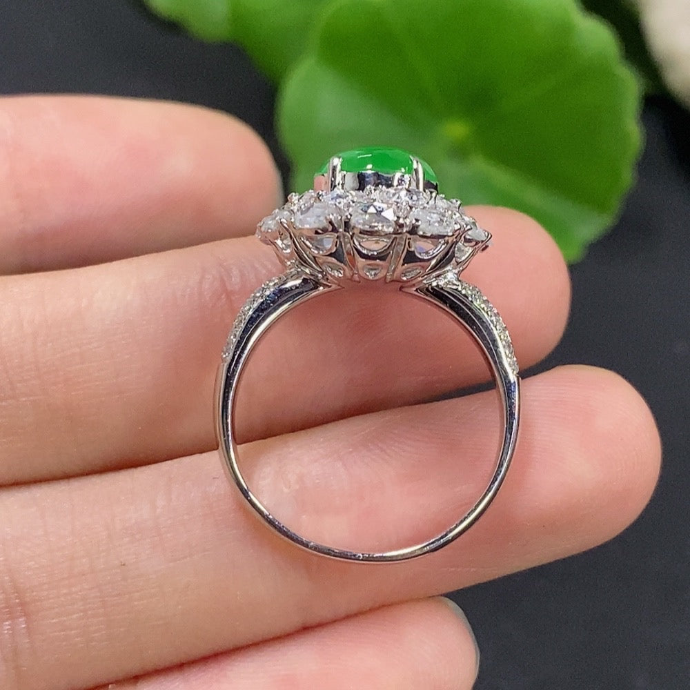 Jadeite Cabochon Solitaire Ring with 18K Gold and Diamond Accents