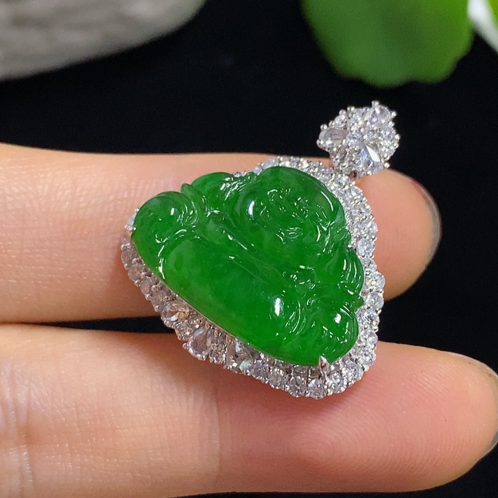 Jadeite Buddha Pendant with 18k Gold and Diamond Accents