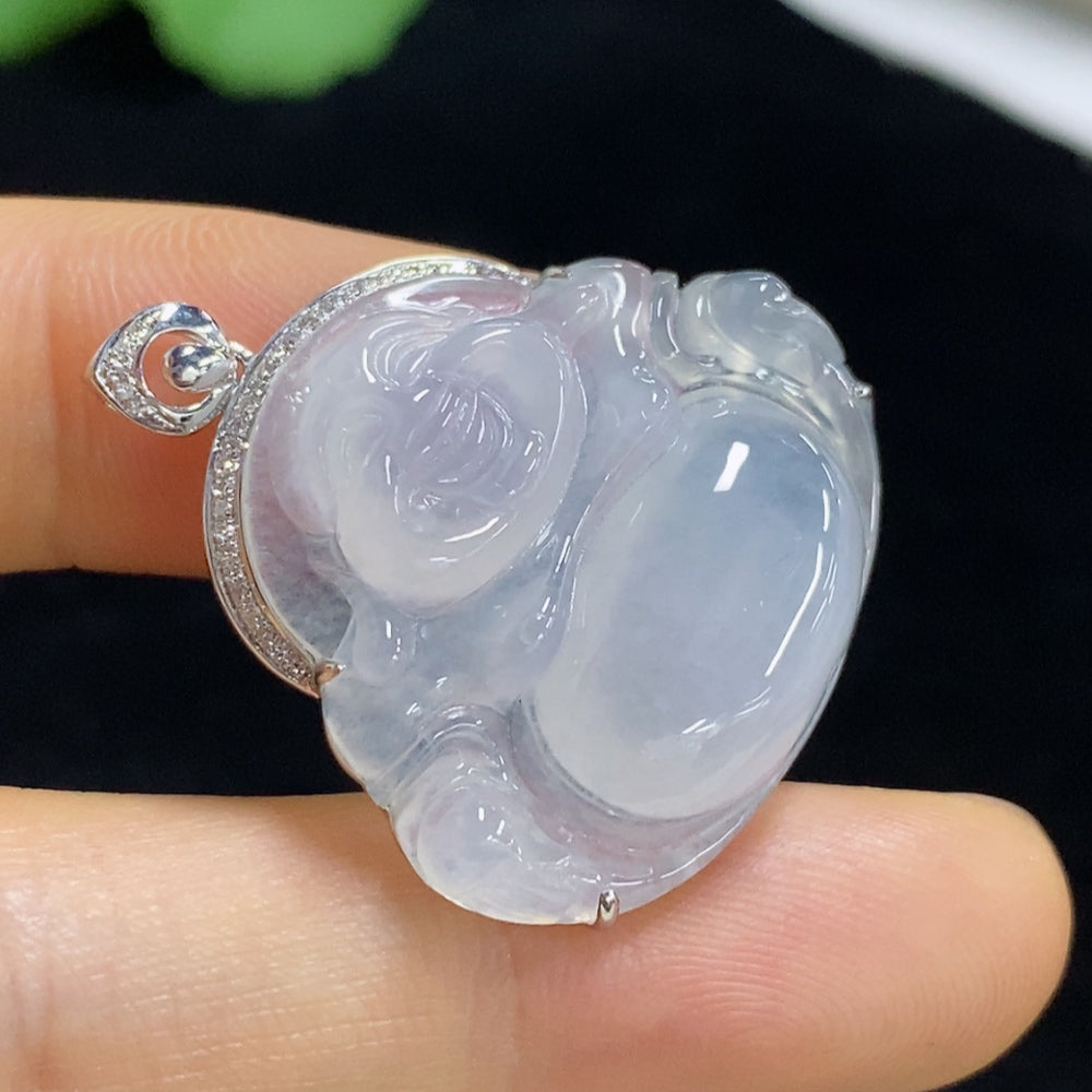 Jadeite Pendant Buddha with 18k Bezel and Diamond Accents, Total Weight Approx. 6.09g