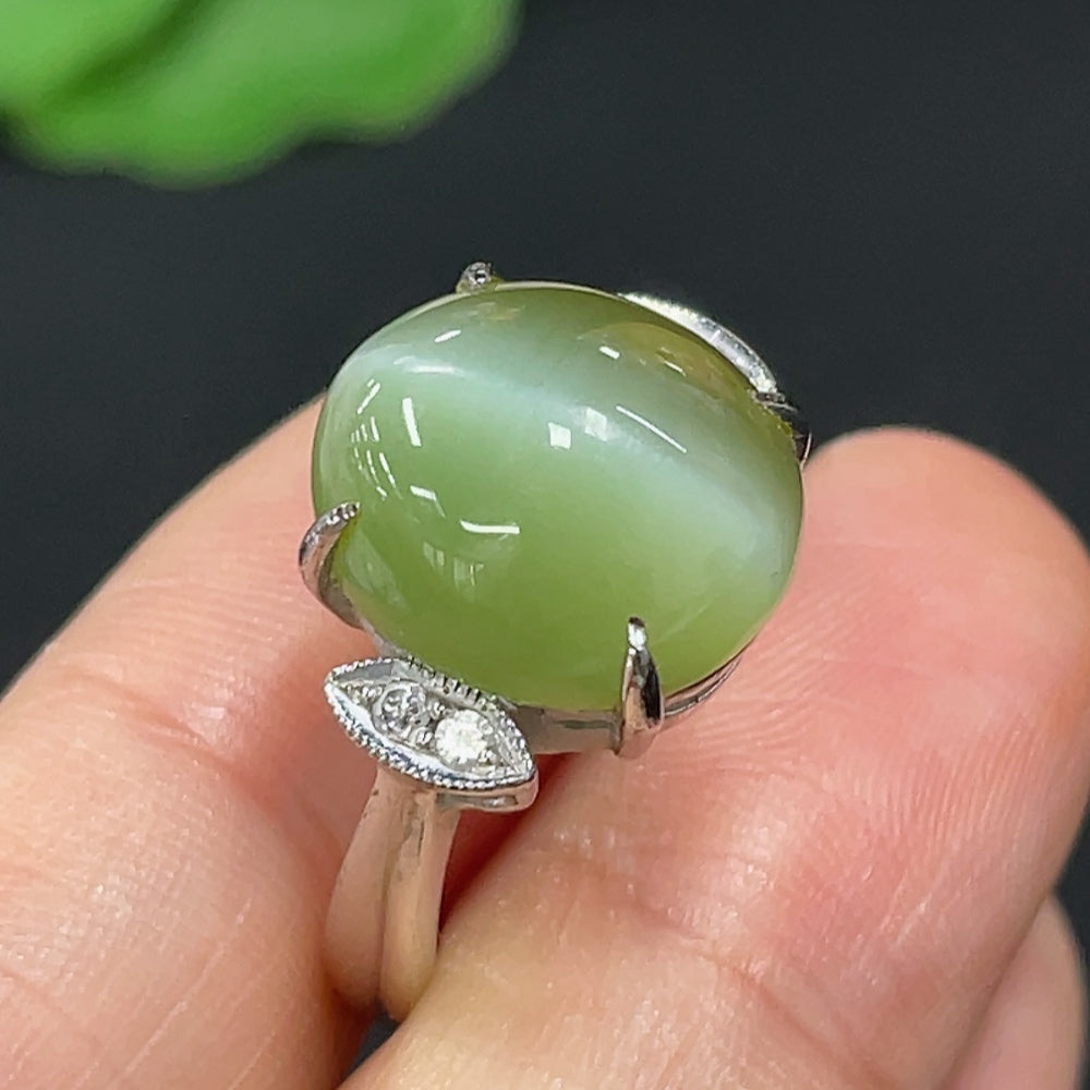 Hetian Jade Jasper Cabochon Inlaid Ring, 27% Gold Content, Accented with Diamonds