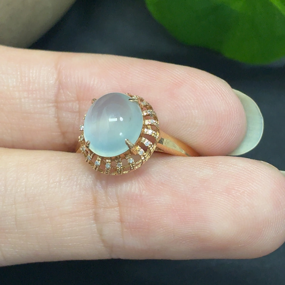 Jadeite bezel-set cabochon ring with diamond accents, 18k gold, size 14, HKHQ jewelry, detailed close-up of the elegant ring design.
