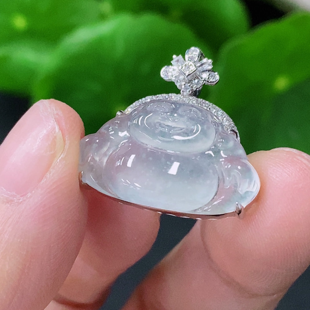 Jadeite Buddha Pendant with 18K Gold and Diamond Accents, Total Weight Approx. 2.54g