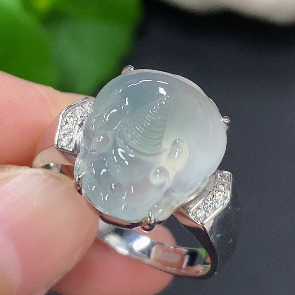 Jadeite inlaid ring with 18K gold band, size 22, showing intricate jade design and gold detailing.