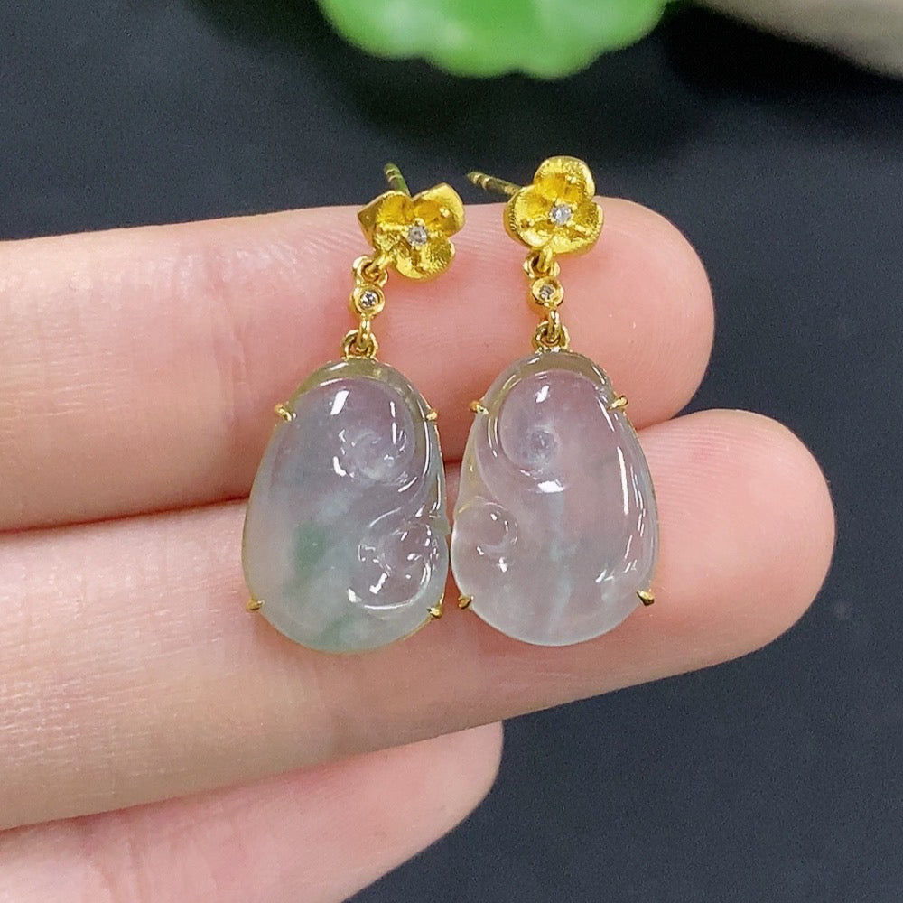 Jadeite Ruyi Inlaid Earrings 18k with Diamond Accents Total Weight Approx. 2.26g