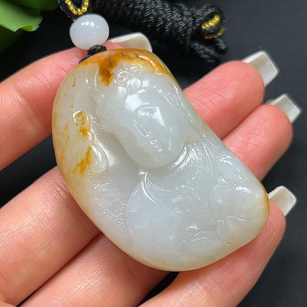Hetian Jade Guanyin Pendant, color origin undetermined, including rope