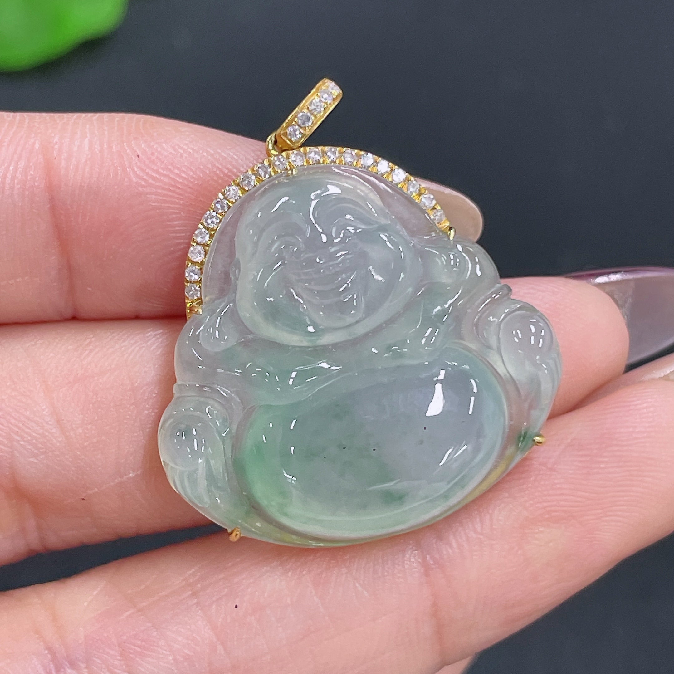 Jadeite Pendant Buddha 18k Gold Inlaid with Diamonds Total Weight Approx. 6.8g