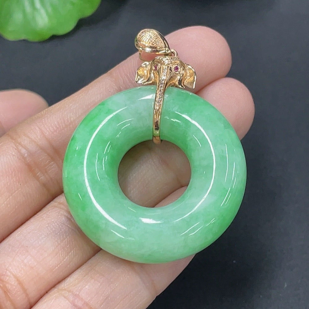 Jadeite Donut Pendant with 18K Gold Clasp and Diamond Accents (Colorless)