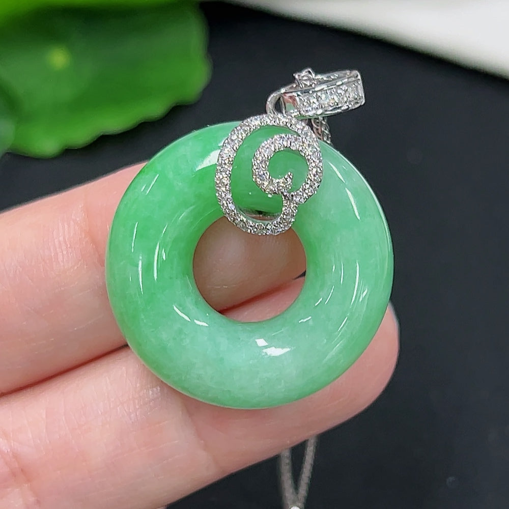 Jadeite Donut Pendant 18K Gold Total Weight Approx. 13.5g (With Diamond Accents & Chain)