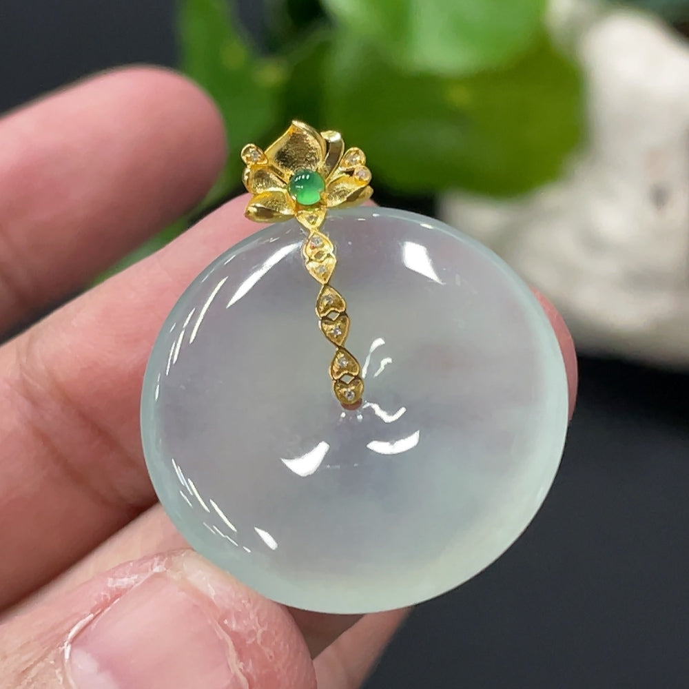 Jadeite Safety Pendant, Total Weight Approx. 6.87g, 18K Gold Bail, Diamond Accents