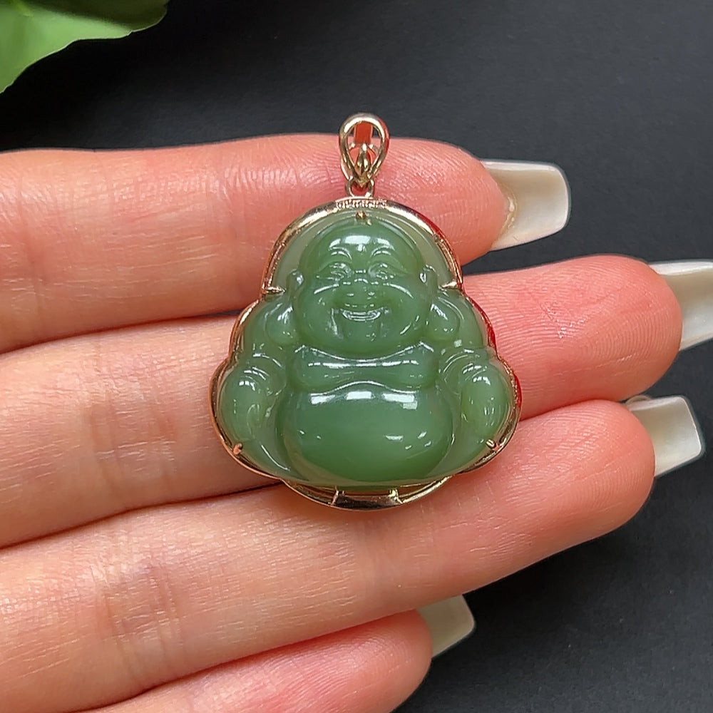 Hetian Jade Buddha Pendant with 18K Gold and Diamond Inlays
