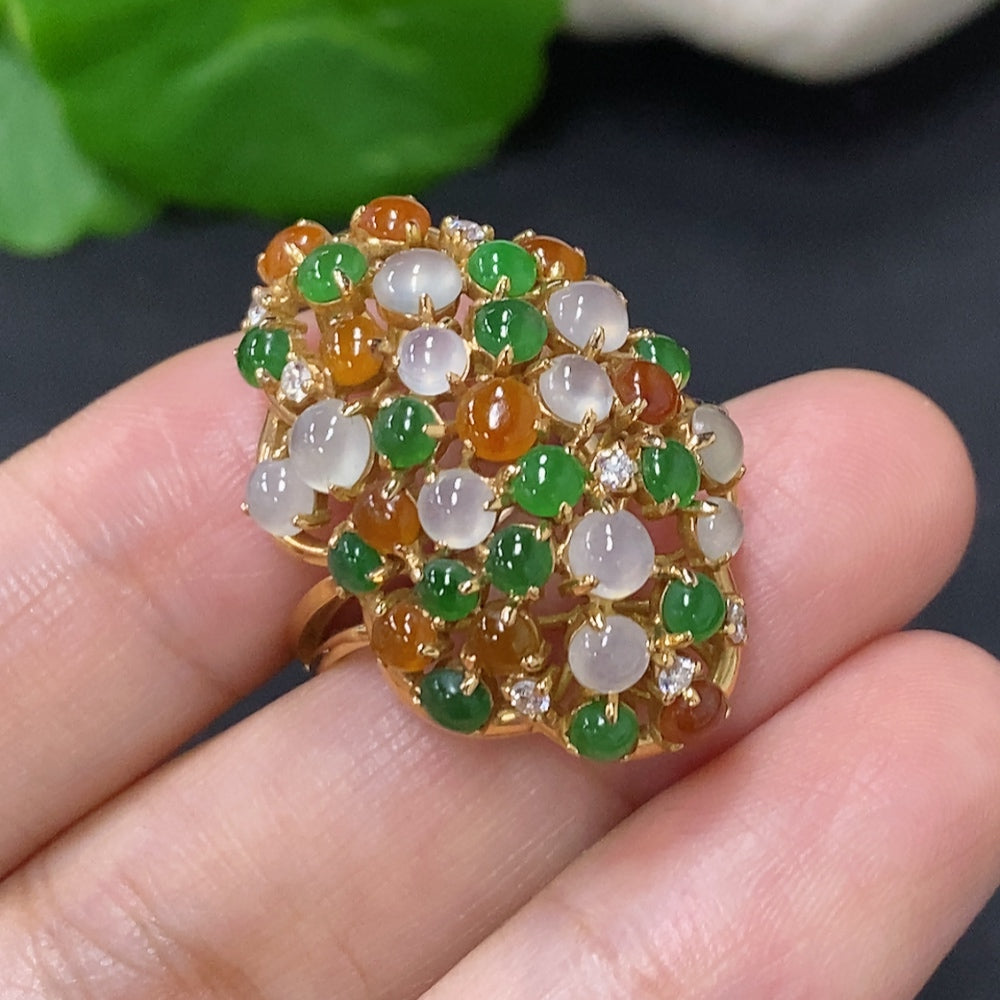 HKHQ jadeite cabochon inlaid ring with 18K gold and diamond accents, size 17, weighing approximately 8.3g.