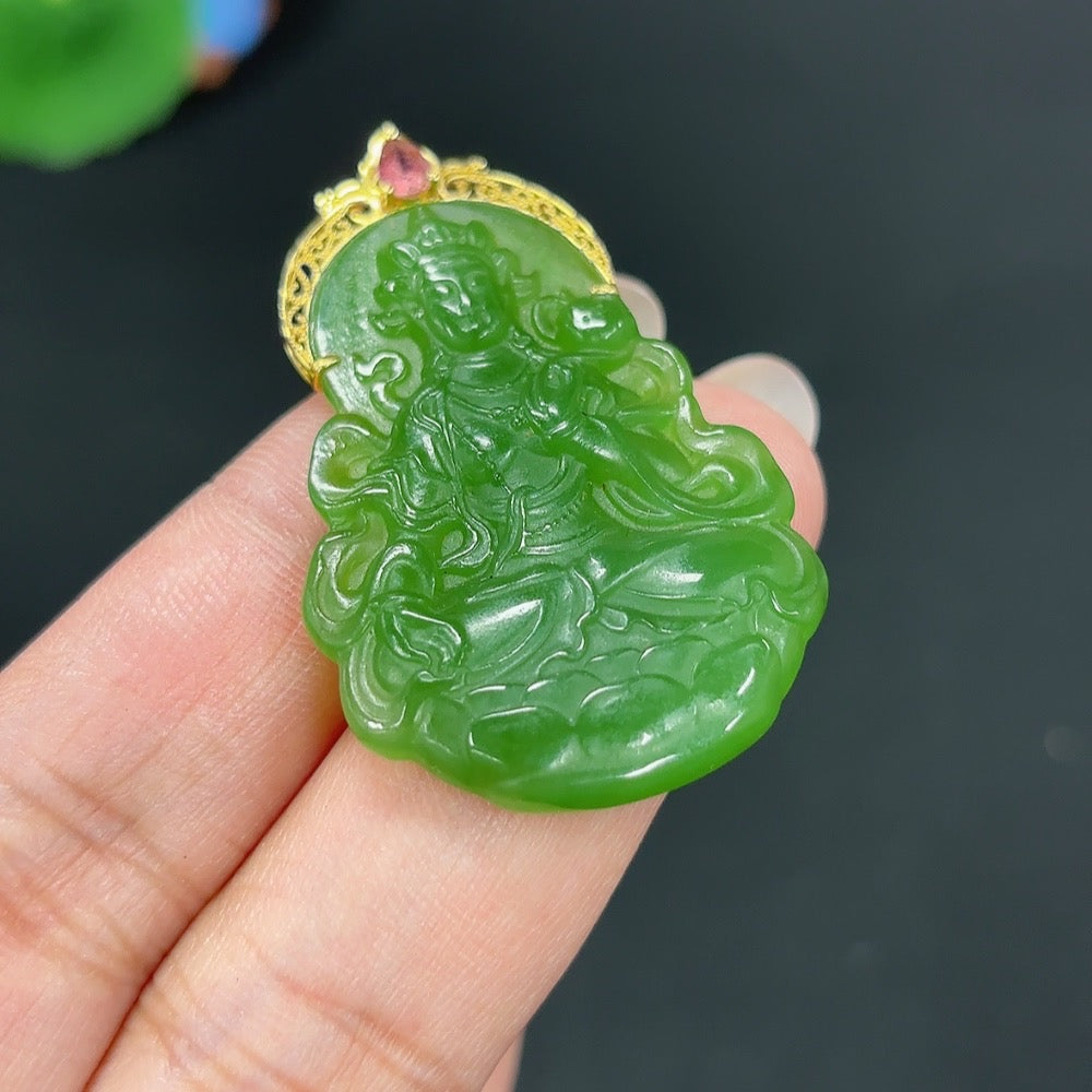 Hetian jade Jasper Inlaid Guanyin pendant with 18k gold, weighing approximately 8g, featuring intricate craftsmanship and detailed design.