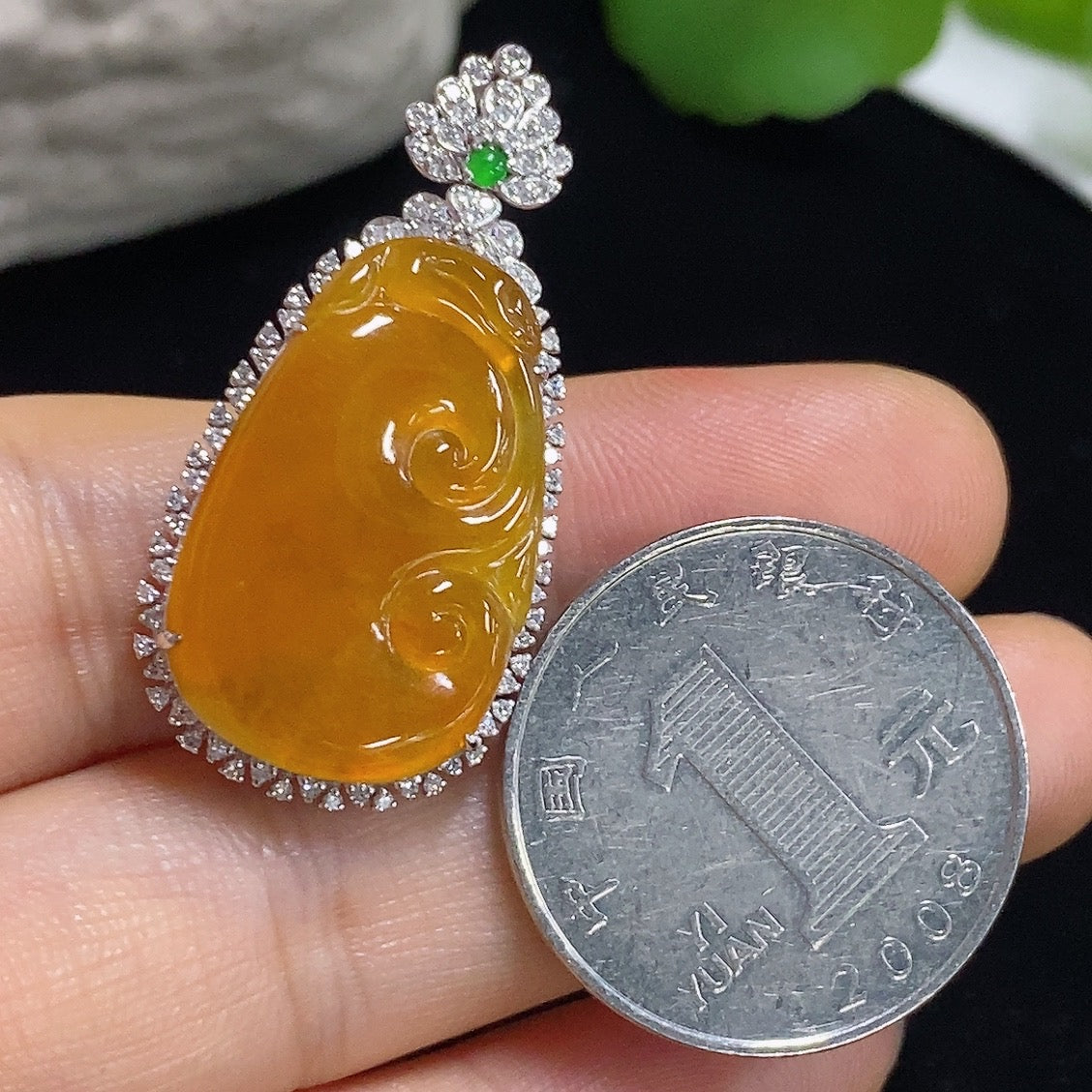 Jadeite Ruyi Inlaid Pendant with 18K Gold and Diamond Accents, Color Origin Undetermined