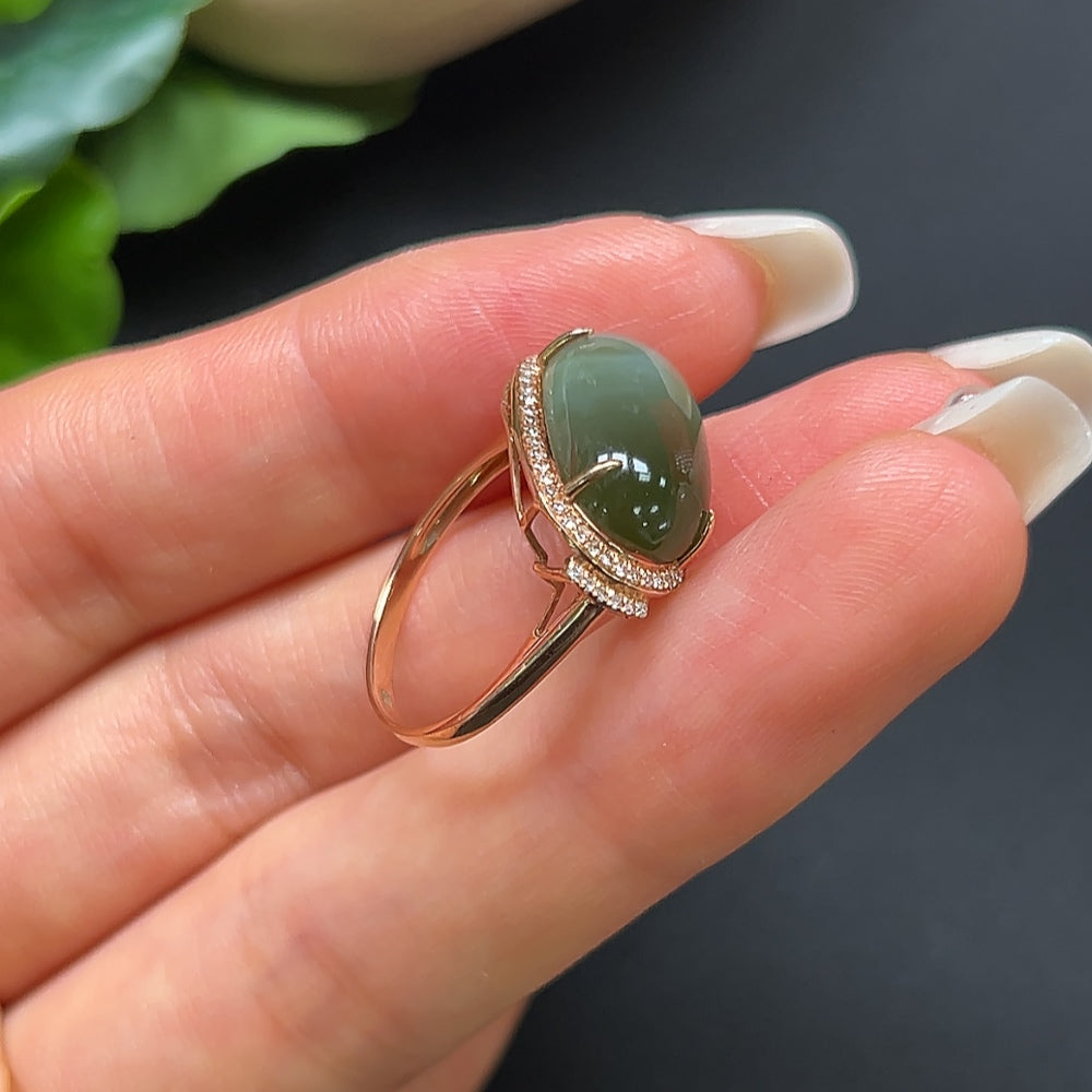 Hetian Jade Inlaid Ring 18K Gold with Diamond Accents