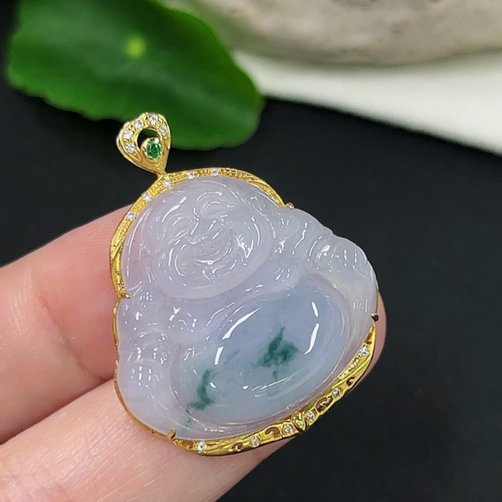 Jadeite Buddha inlaid pendant with 18K gold, HKHQ necklace, non-diamond, weighs approximately 6.47g, detailed jewelry image