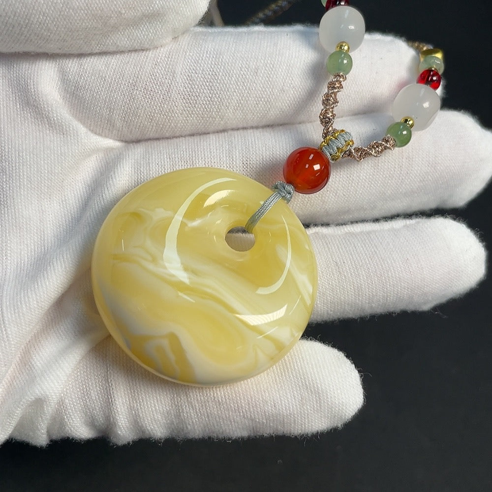 Amber Beeswax Pendant with Non-Natural Gemstones, Non-Gold