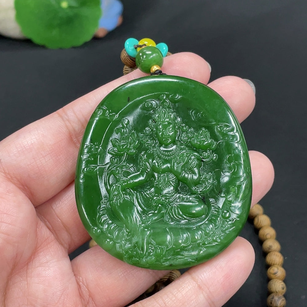 Hetian Jade Jasper Pendant featuring Mahasthamaprapta Bodhisattva, crafted in jade with intricate carvings and a polished finish.