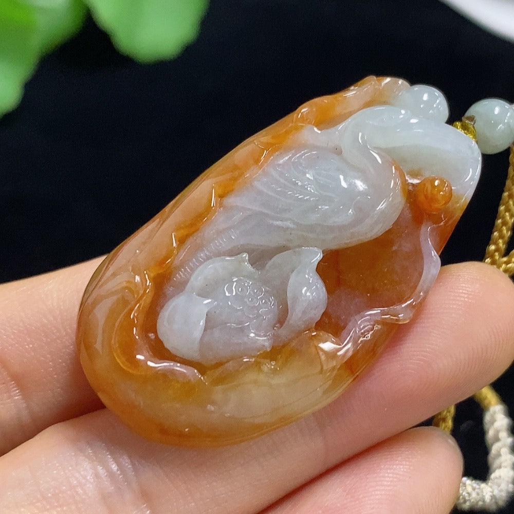Jadeite Crane Pendant Total Weight Approx. 24.75g (including rope weight) with non-A grade beads