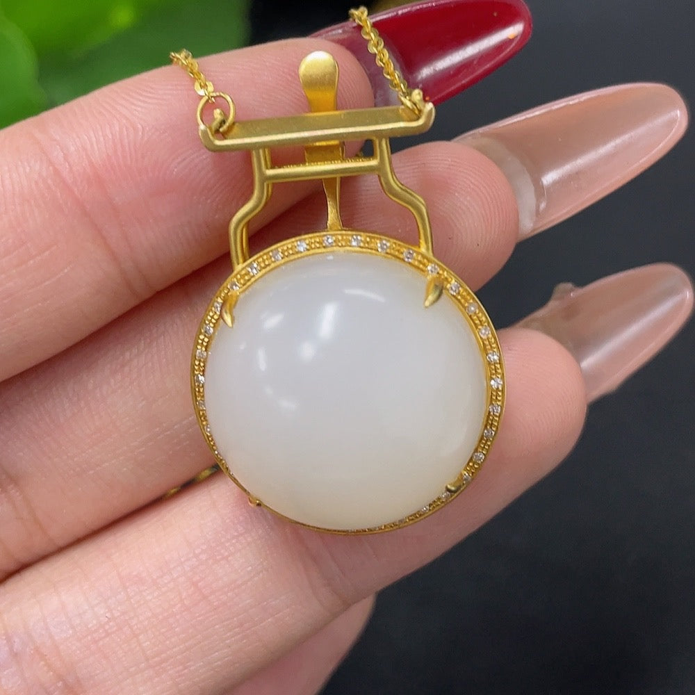 Hetian Jade Pendant with 18K Gold and Diamond Accents, Total Weight Approx. 10.5g (Including Chain)