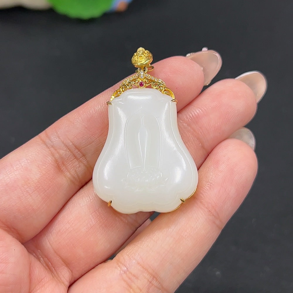 Hetian Jade Inlaid Pendant Ping Ping An An Total Weight Approx. 18.3g 18k Non-Diamond