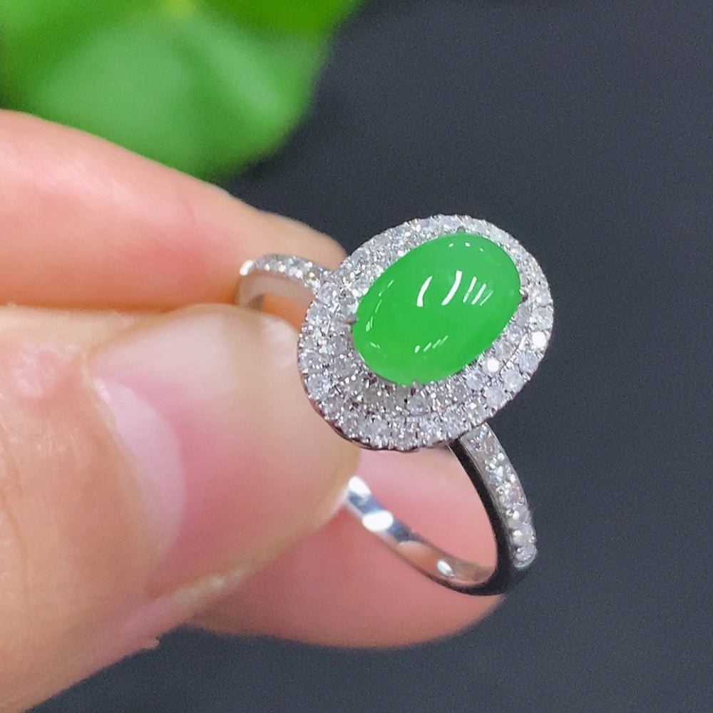 Jadeite Cabochon Inlaid Ring 18K Gold Size 15 Total Weight Approx. 2.1g (With Diamond Accents)