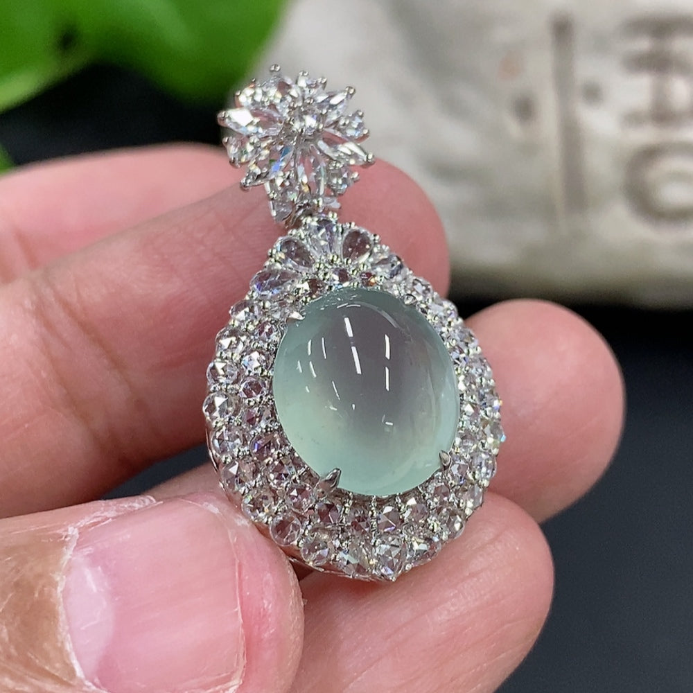 Jadeite Cabochon Pendant Set in 18K Gold with Diamond Accents