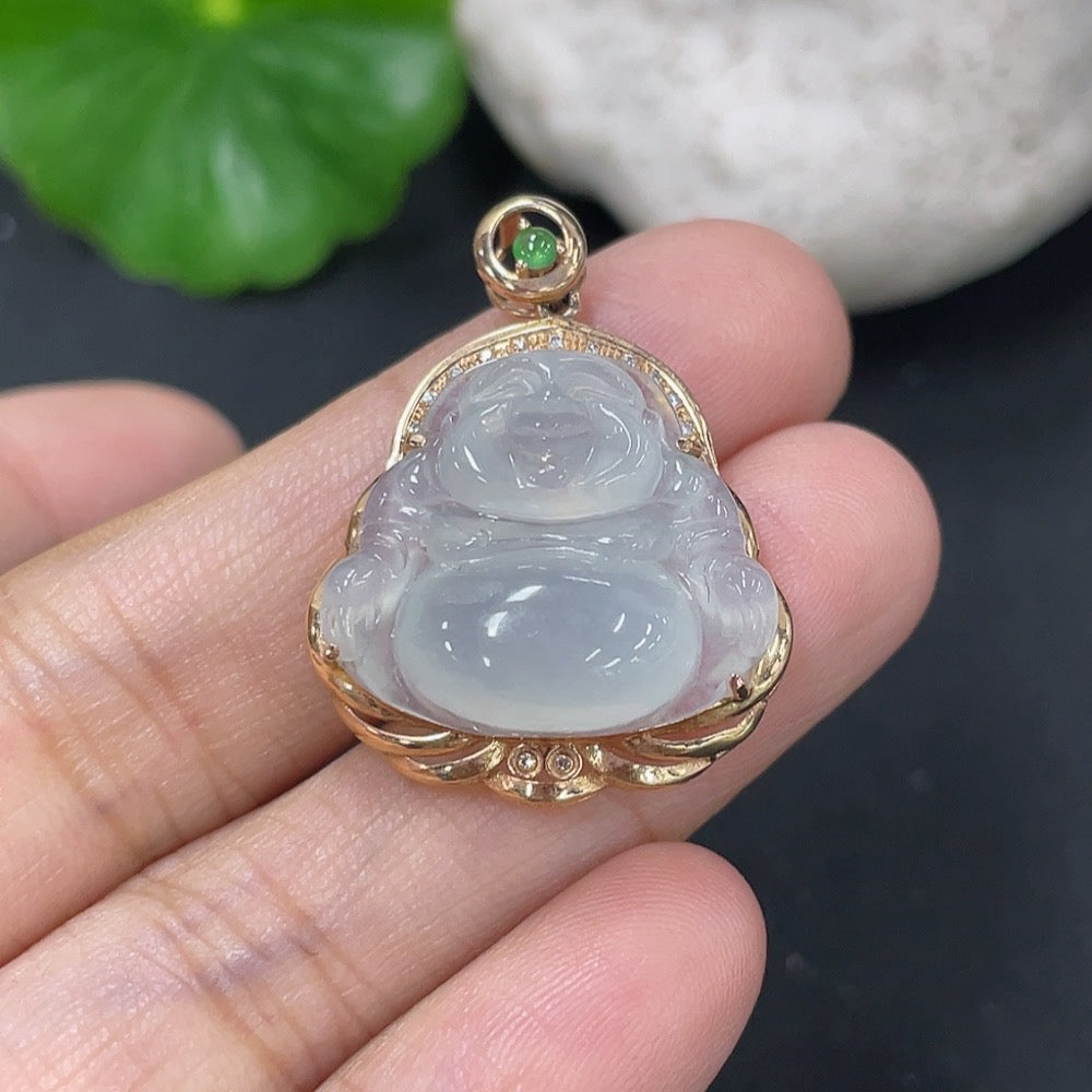 Jadeite Inlaid Buddha Pendant with 18k Gold and Diamond Accents, Total Weight Approximately 374g