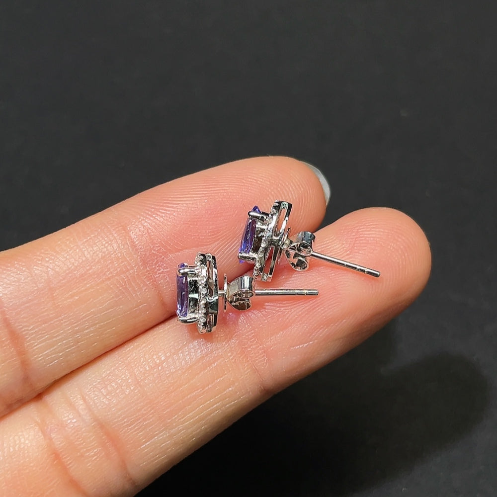 18K Gold Tanzanite Earrings with Diamond Accents, Total Weight Approx. 2.3g