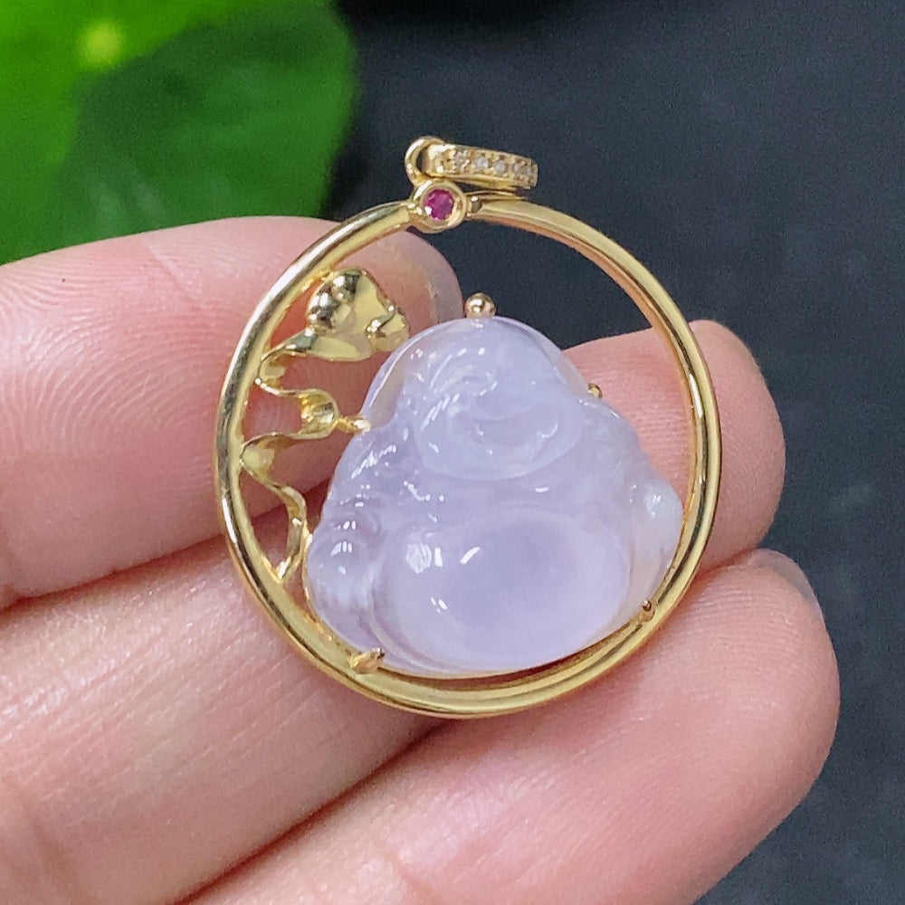 Jadeite Inlaid Buddha Pendant with 18K Gold and Diamond Accents, Total Weight Approximately 3.76g