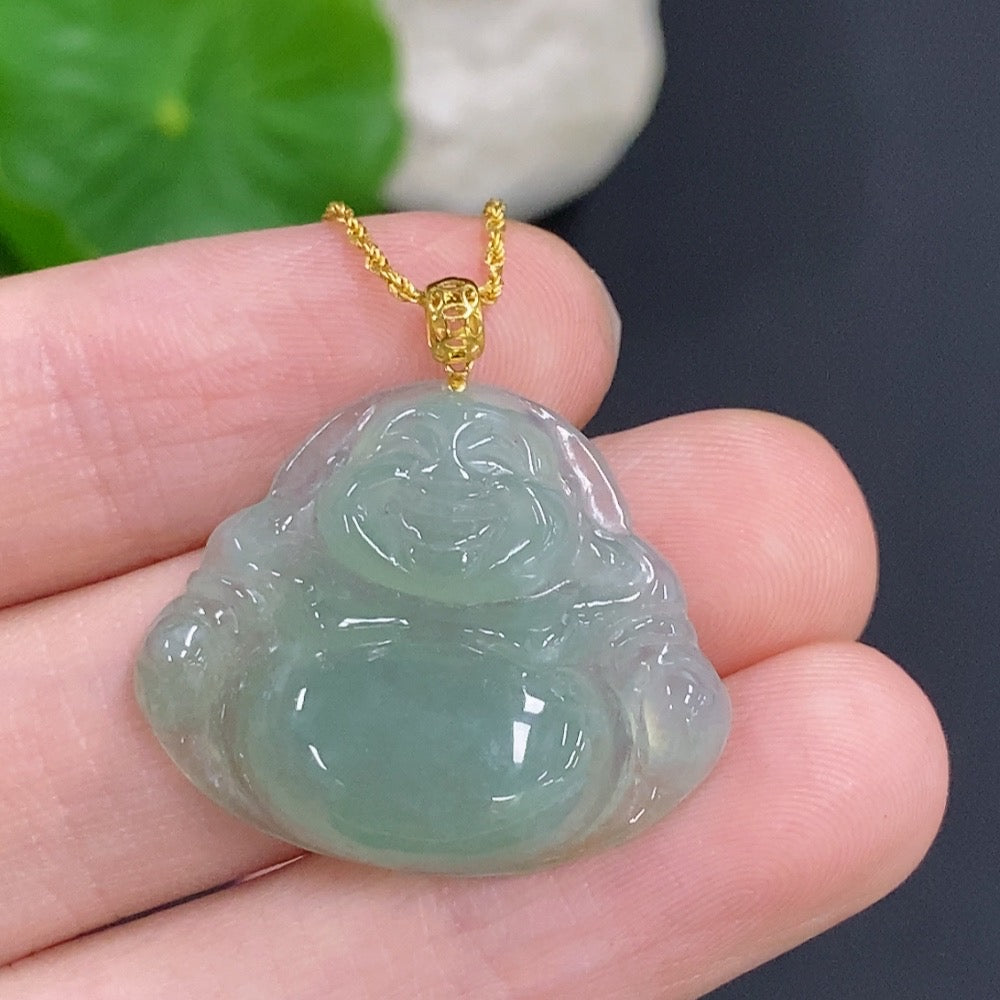 Jadeite Buddha Pendant with 18k Gold, Total Weight Approx. 5.2g (Including Chain)