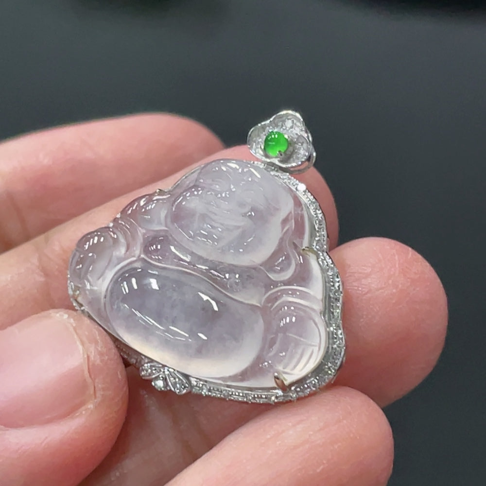 Jadeite Buddha Pendant with 18K Gold and Diamond Inlay, Total Weight Approx. 4.38g